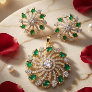 Glided Emerald-Style Mandala Ensemble Pendant Set-Gold Finish