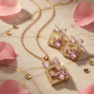 Belle Époque Ribbon Bow Heart Pendant Set-Gold Finish