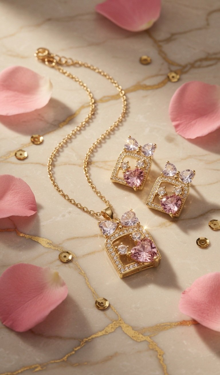Belle Époque Ribbon Bow Heart Pendant Set-Gold Finish