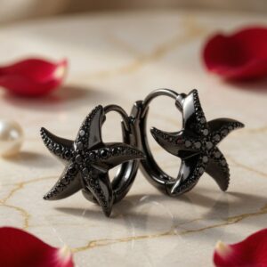 Midnight Tide Black Diamond-Style Starfish Huggies Hoops-Black Rhodium Finish