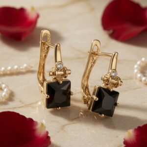 The Onyx Vault Square-Cut Black Stone Hoops-Gold Finish