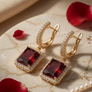 Royal Heirloom Rectangular Red Gemstone Drop Hoops-Gold Finish