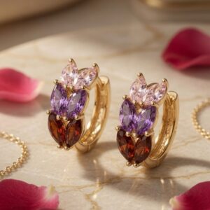 Amethyst And Garnet Trio Statement Hoops-Gold Finish