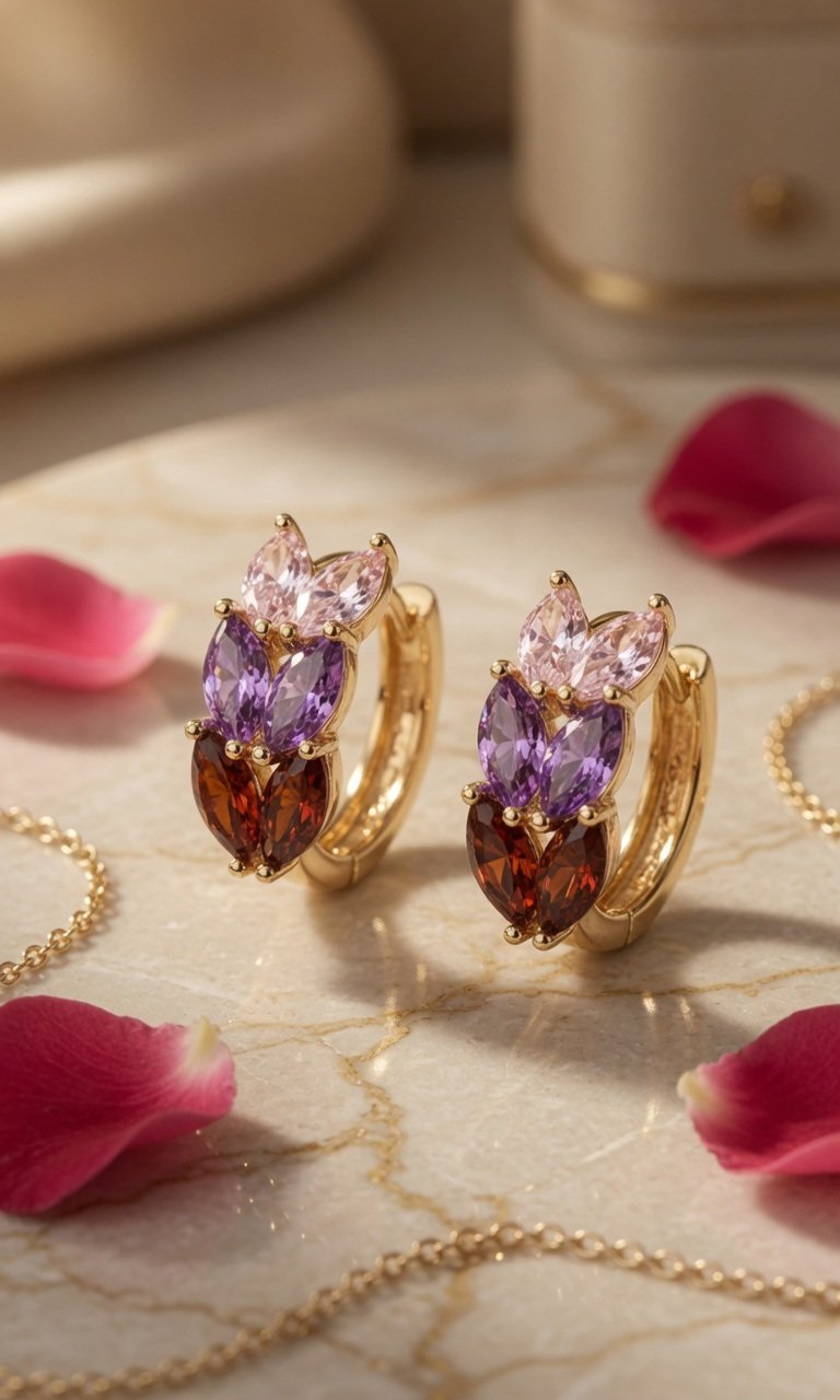 Amethyst And Garnet Trio Statement Hoops-Gold Finish