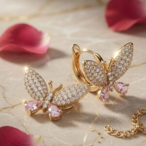 The Sovereign Pavè Butterfly And Pink Pear Drop Hoops-Gold Finish