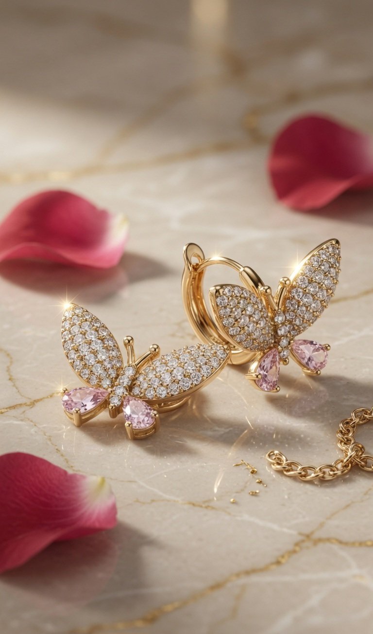 The Sovereign Pavè Butterfly And Pink Pear Drop Hoops-Gold Finish