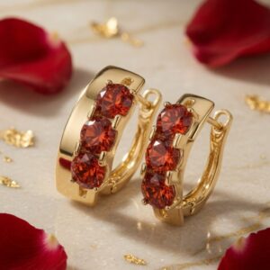 The Crimson Ember Three-Stone Ruby-Red Trilogy Hoops-Gold Finish