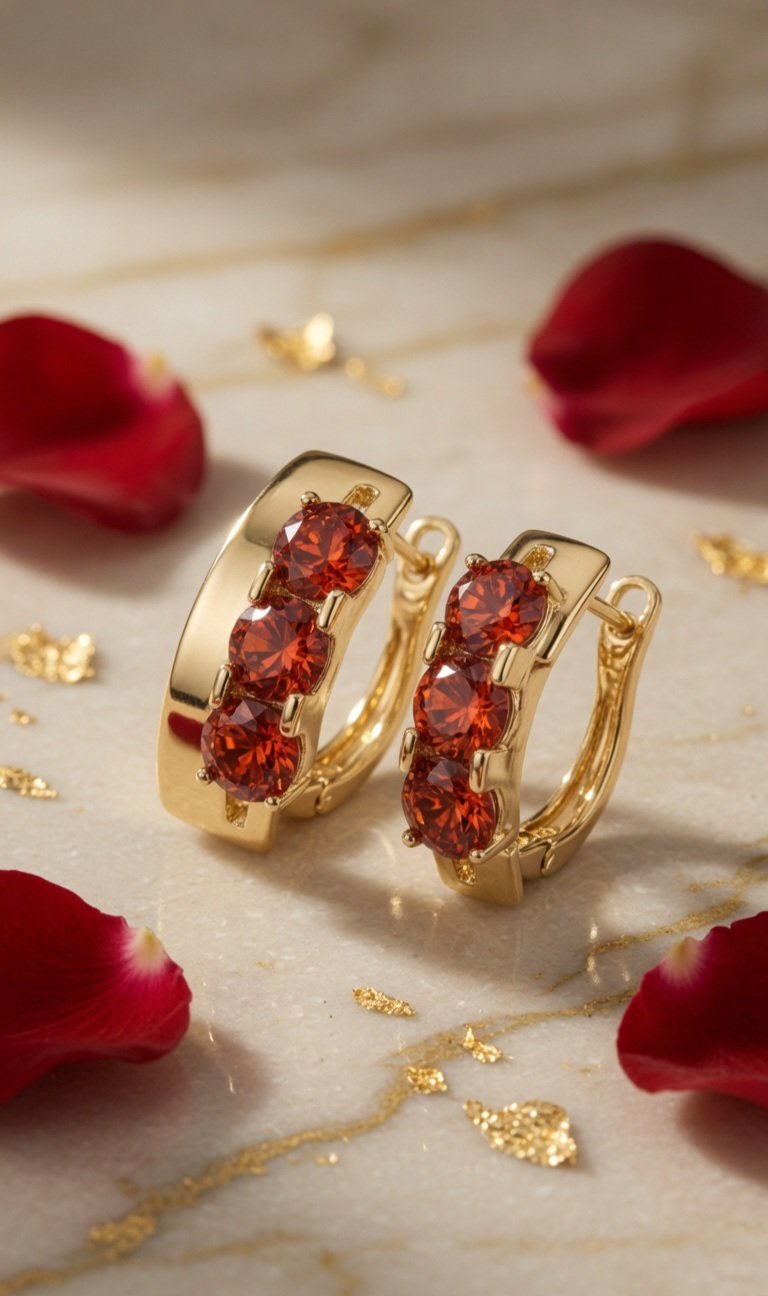 The Crimson Ember Three-Stone Ruby-Red Trilogy Hoops-Gold Finish