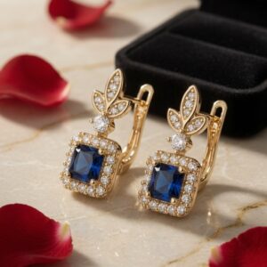 The Windsor Blue Sapphire Halo Leaf Hoops-Gold Finish