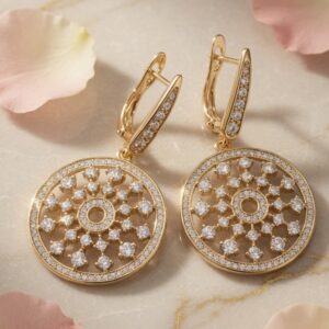 The Solstice Mandala Diamond-Style Drop Hoops-Gold Finish