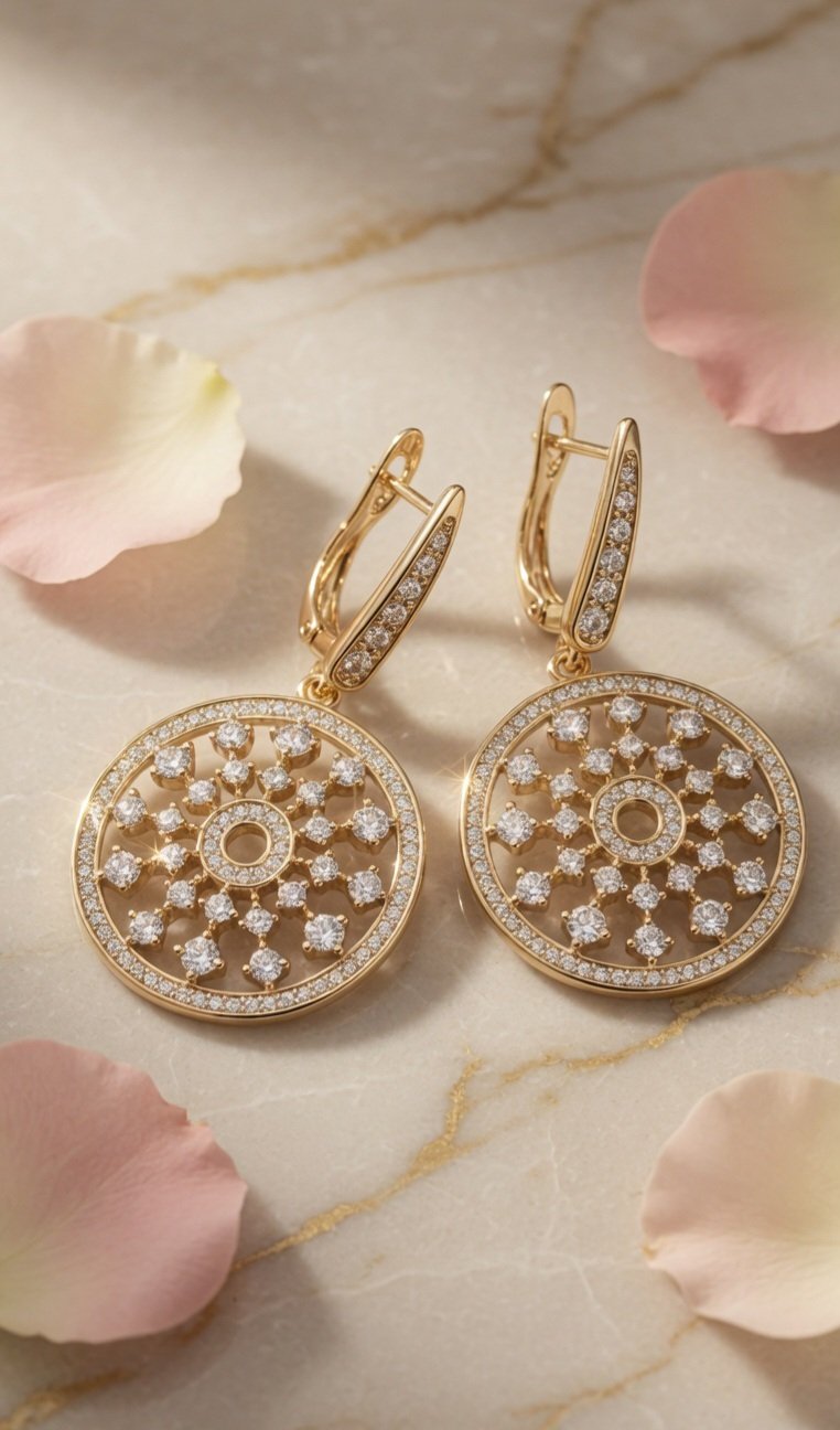 The Solstice Mandala Diamond-Style Drop Hoops-Gold Finish