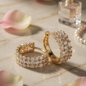 The Empress Baguette And Round Diamond Huggie Hoops-Gold Finish