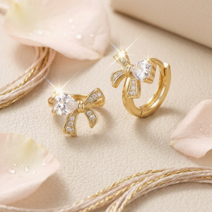 The Colette Ribbon Gold Pear Cut Diamond Bow Hoops-Gold Finish