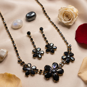 The Midnight Dahila Black Floral Choker Set-Black Rhodium Finish