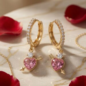 The Amour Blush Heart Cupid Arrow Hoops-Gold Finish