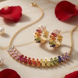 The Spectrum Baguette Rainbow Choker And Hoops Set-Gold Finish