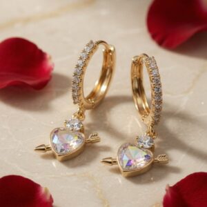 The Cupid's Arrow Iridescent Heart Hoops-Gold Finish