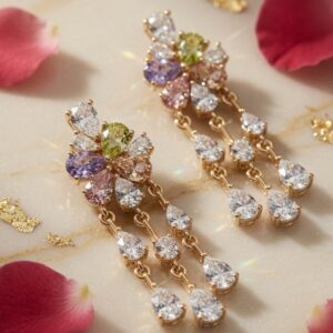 Blush Lavender Multi-Gemstone Tiered Drop Earrings-Gold Finish