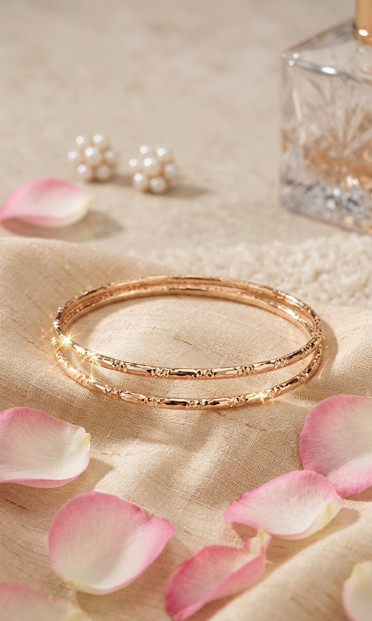 Gilded Whisper Ultra-Sleek Textured Gold Bangles (Set Of 2)-Gold Finish