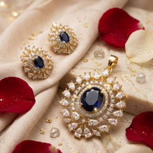 The Victoria Sapphire Oval Halo Pendant Set-Gold Finish
