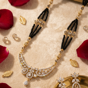 The Nimah Lattice Crescent Diamond-Style Mangalsutra With Drop Earrings-Gold Finish