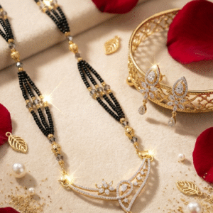 The Avani Asymmetric Floral Arch Mangalsutra With Earrings-Gold Finish