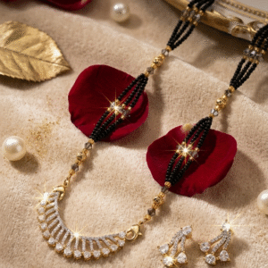 The Rhea Sunburst Spray Drop Diamond-Style Mangalsutra With Earrings-Gold Finish
