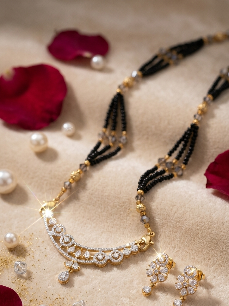 Shanaya Tiered Crescent Diamond-Style Mangalsutra With Earrings-Gold Finish