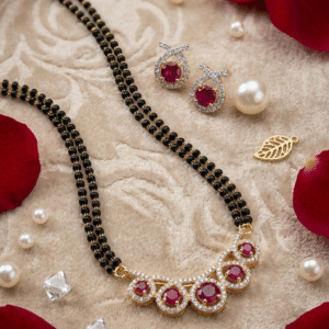 The Kavya Scalloped Ruby Arch Mangalsutra Set-Gold Finish