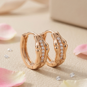 Ribbed Bamboo-Style Hoop With Diamond Accents-Gold Finish