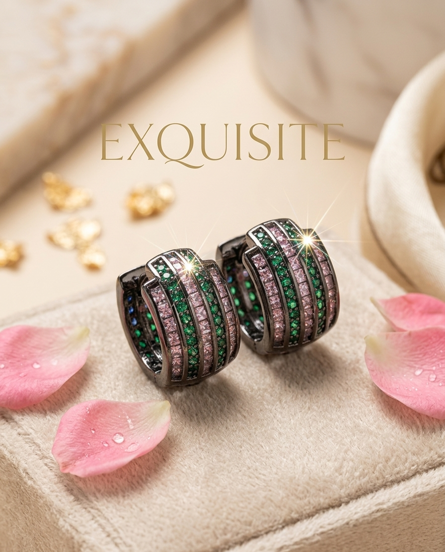 Midnight Eden Eclipse Luxury Ruthenium Tsavorite Pink Sapphire Wide Hoops-Black Rhodium Finish