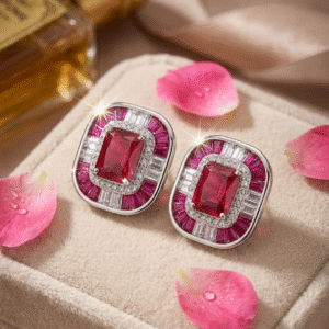 The Monroe Deco Ruby And Baguette Diamond Halo Studs-Platinum Finish