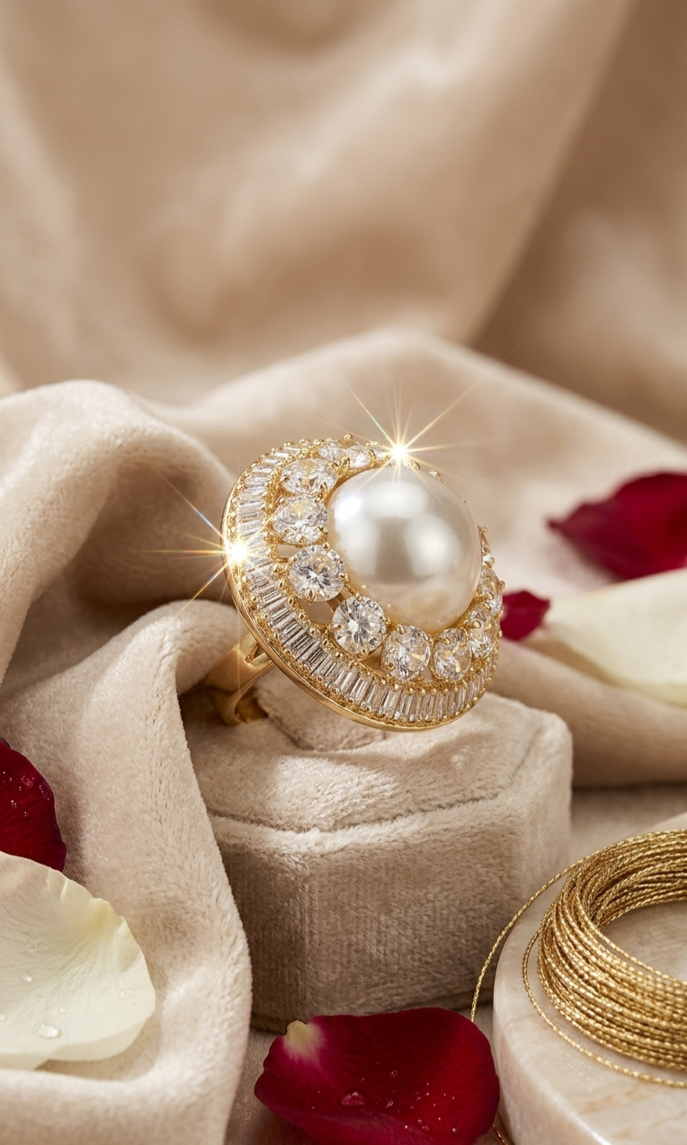 The Empress South Sea Oversized Pearl With Baguette And Diamond Border-Gold Finish