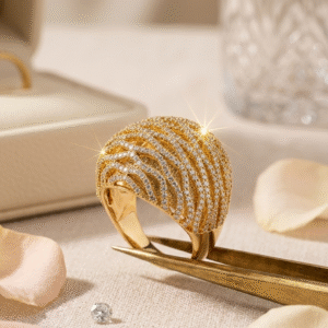Gilded Wave Textured Pavè Statement Cocktail Ring-Gold Finish