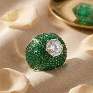 The Esmeralda Emerald Pavè Dome Ring-Platinum Finish