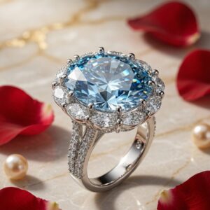 The Thalassa Oval Aquamarine Scalloped Halo Cocktail Ring-Platinum Finish