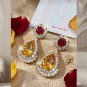 Valencia Ruby And Citrine Double Halo Pear Drop Earrings-Gold Finish