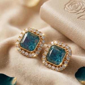 The Oceania Deep Teal Tourmaline Halo Studs-Gold Finish