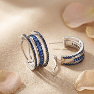 Mordernist Royal Blue Sapphire Channel-Set Triple-Row Hoops-Platinum Finish