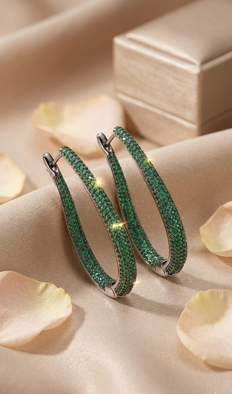 Luxor Green Spinel Micro-Pavè Elliptical Hoops-Platinum Finish