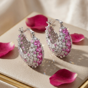Blush Pink And Diamond-Style Pavè Dome Hoops-Platinum Finish
