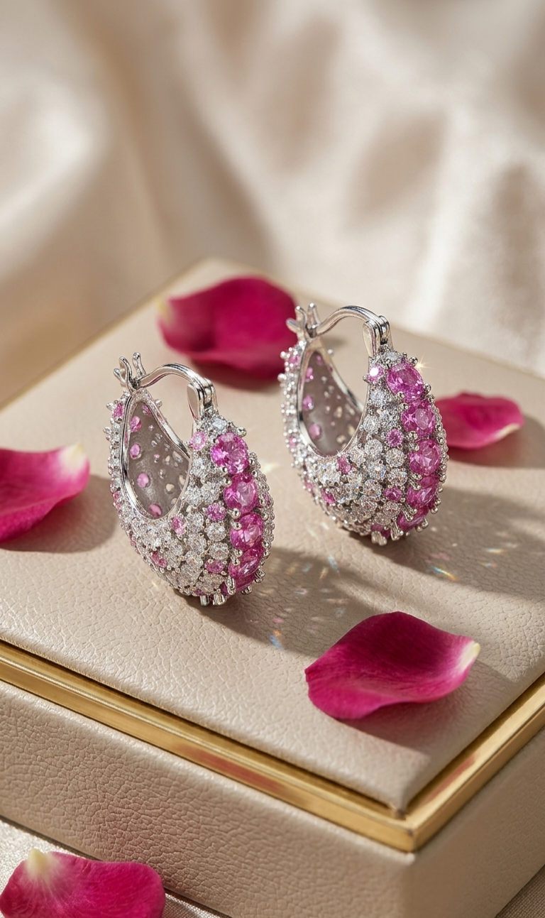 Blush Pink And Diamond-Style Pavè Dome Hoops-Platinum Finish