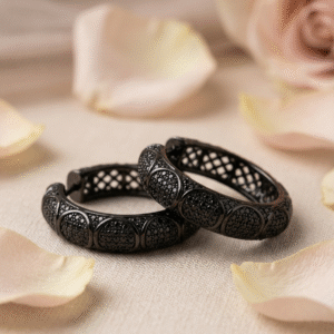 Black Diamond-Style Geometric Filigree Huggies Hoops-Black Rhodium Finish