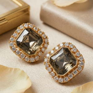 The Valerie Venetian Smoky Quartz Halo Studs-Gold Finish
