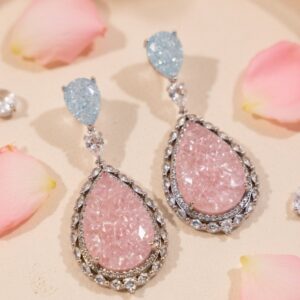 The Seraphina Rose Quartz And Aquamarine Drop Earrings-Platinum Finish