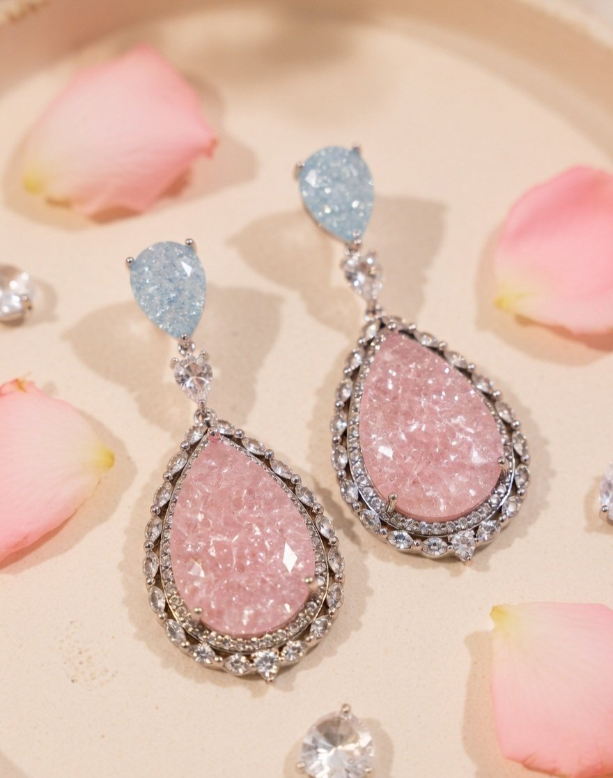 The Seraphina Rose Quartz And Aquamarine Drop Earrings-Platinum Finish