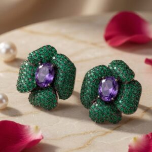 The Emerald Camellia Amethyst Flower Studs-Black Rhodium Finish