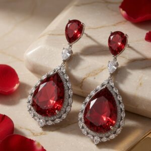 The Sovereign Ruby Halo Drop Earrings-Platinum Finish