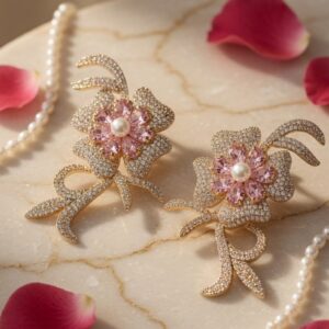 The Versailles Bow And Pink Blossom Earrings-Gold Finish
