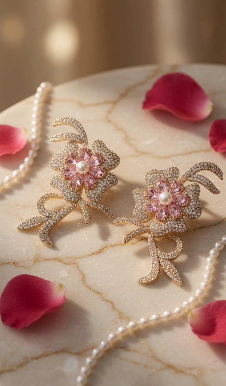 The Versailles Bow And Pink Blossom Earrings-Gold Finish